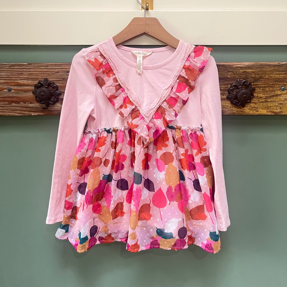 Matilda Jane Girls Pink Leaf Print Ruffle Tunic Top Size 8 Long Sleeve Lace Trim